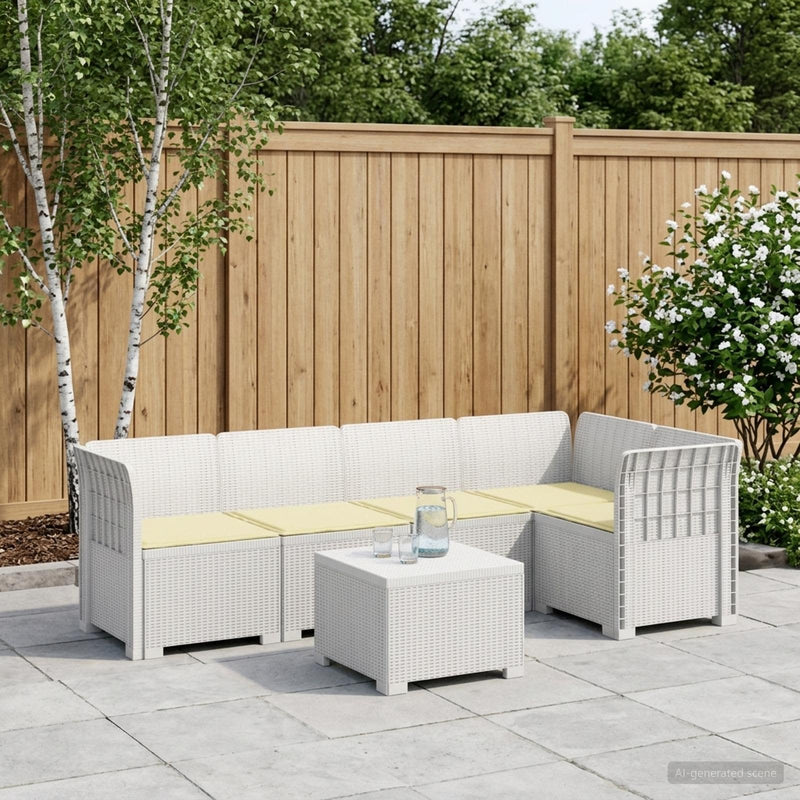 Sofa de grădină cu 5 locuri cu perne aspect rattan PP Alb