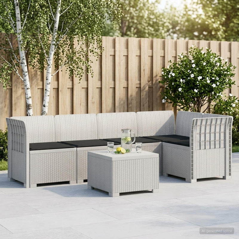 Sofa de grădină cu 5 locuri cu perne aspect rattan PP Alb