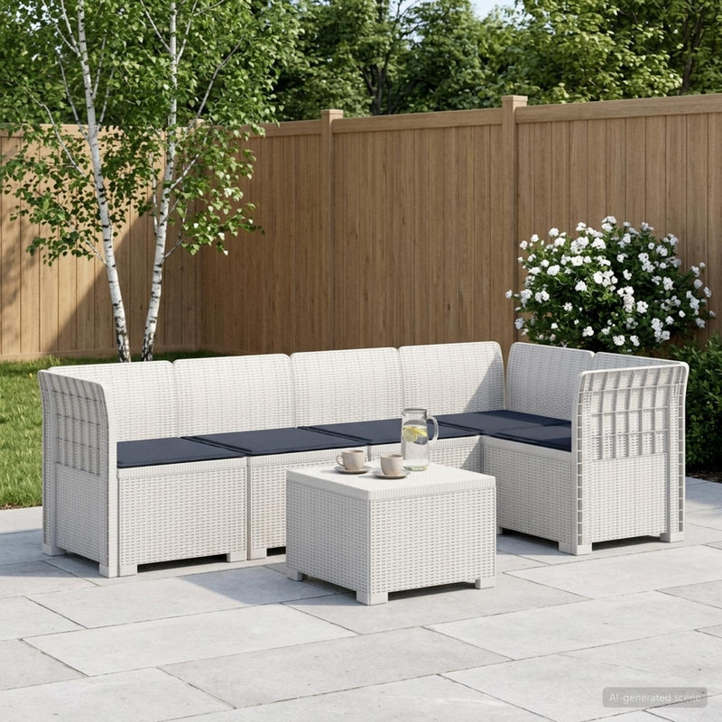 Sofa de grădină cu 5 locuri cu perne aspect rattan PP Alb