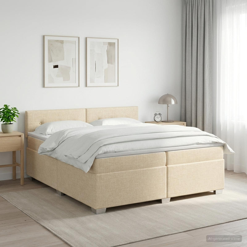 Pat boxspring cu saltea cu headboard Crem 200 x 200 cm Țesătură