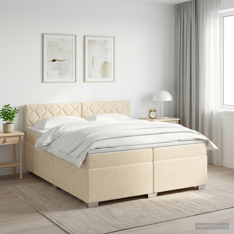 Pat boxspring cu saltea cu headboard Crem 200 x 200 cm Țesătură