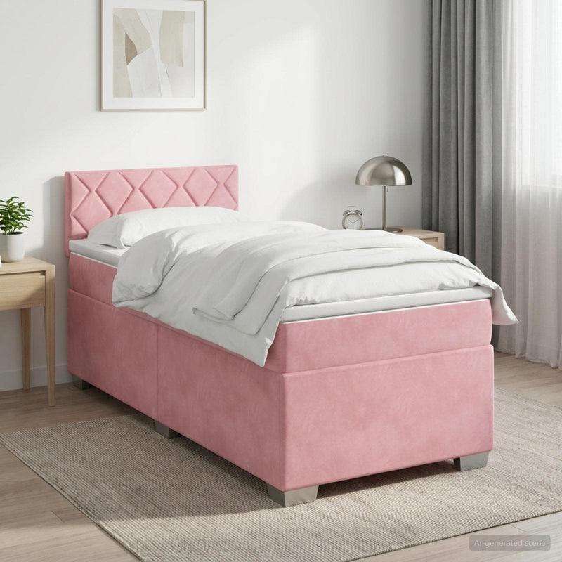 Pat boxspring cu saltea cu headboard Roz 90 x 200 cm Catifea