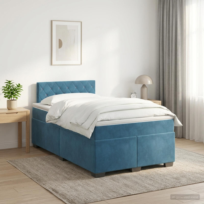 Pat boxspring cu saltea albastru 120 x 190 cm Catifea