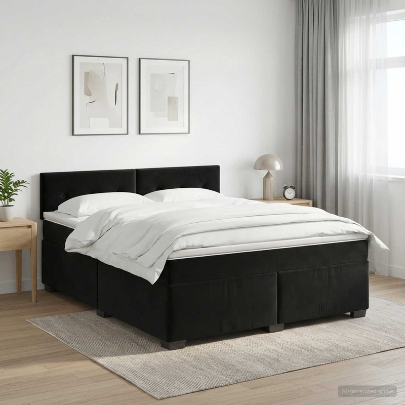 Pat boxspring cu saltea cu headboard Negru 180 x 200 cm Catifea