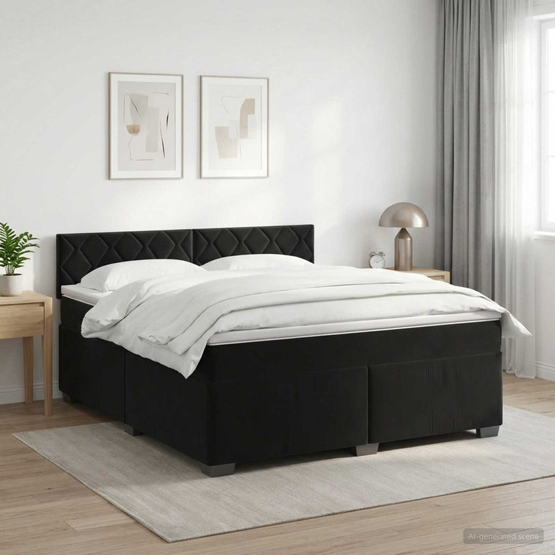 Pat boxspring cu saltea cu headboard Negru 160 x 200 cm Catifea