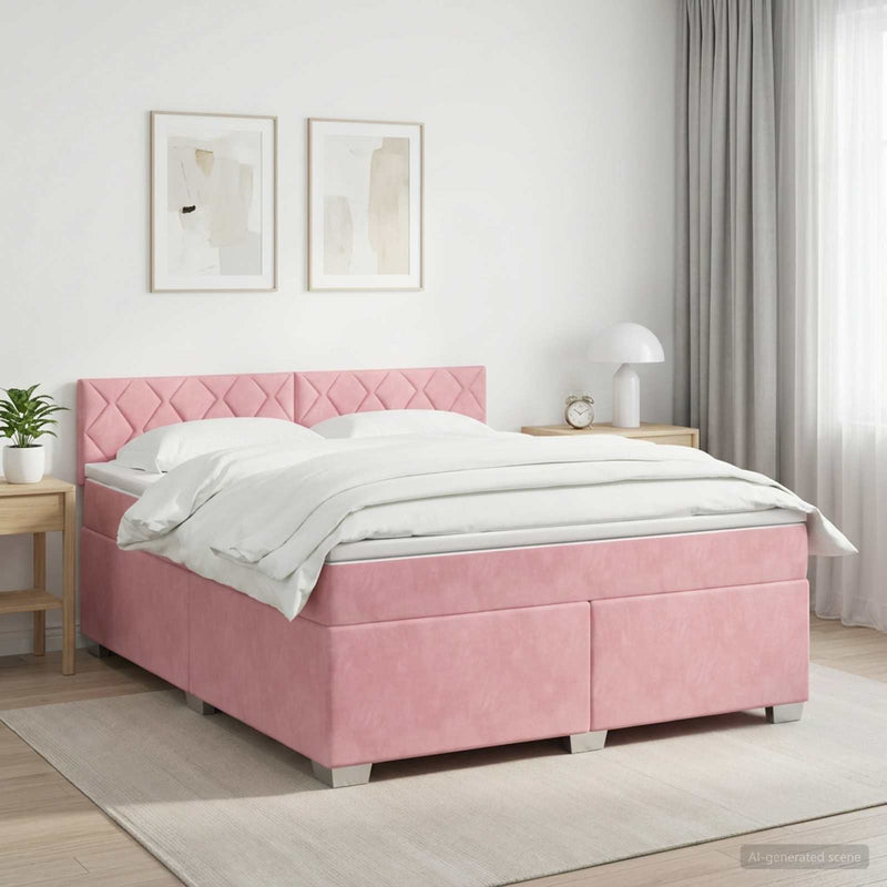Pat boxspring cu saltea cu headboard Roz 140 x 200 cm Catifea