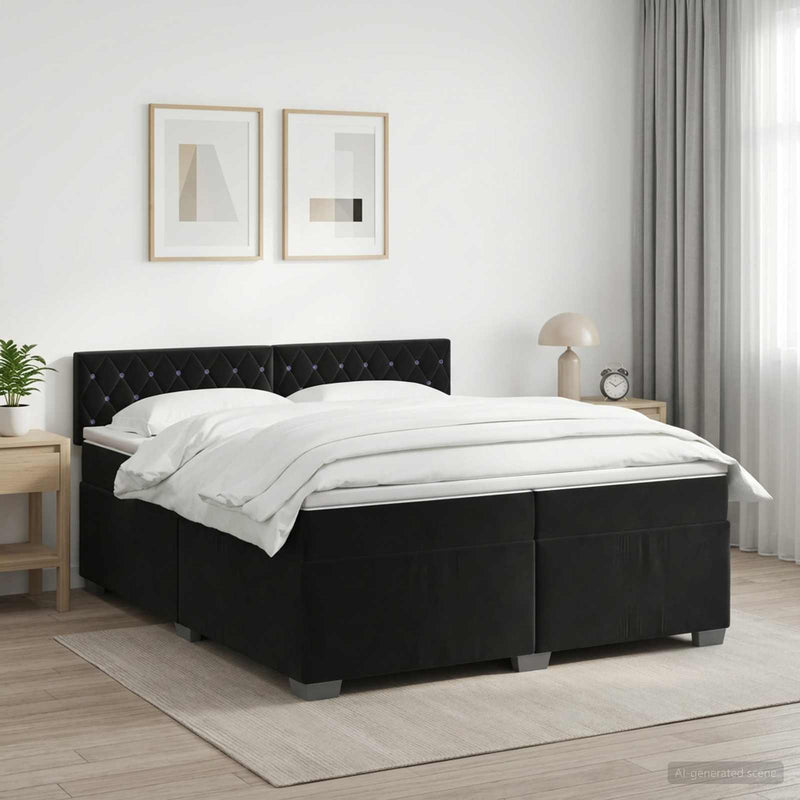 Pat boxspring cu saltea cu headboard Negru 200 x 200 cm Catifea