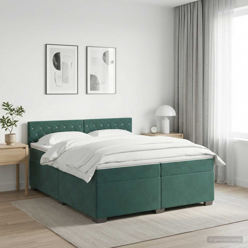 Pat boxspring cu saltea Verde închis 200 x 200 cm Catifea