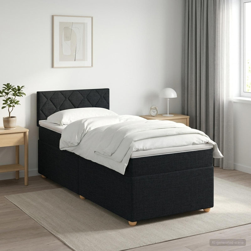 Pat boxspring cu saltea cu headboard Negru 90 x 190 cm Țesătură