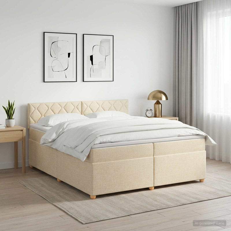 Pat boxspring cu saltea cu headboard Crem 200 x 200 cm Țesătură