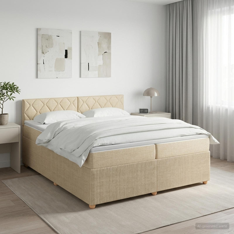 Pat boxspring cu saltea cu headboard Crem 200 x 200 cm Țesătură