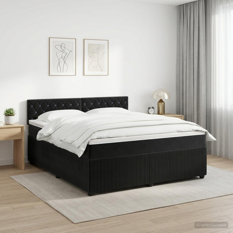 Pat boxspring cu saltea cu headboard Negru 140 x 190 cm Catifea