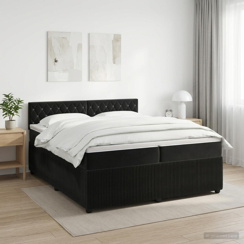 Pat boxspring cu saltea cu headboard Negru 200 x 200 cm Catifea