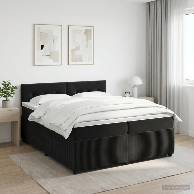 Pat boxspring cu saltea cu headboard Negru 200 x 200 cm Catifea