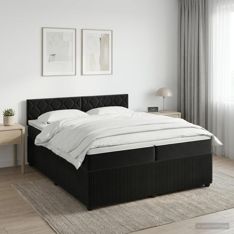 Pat boxspring cu saltea cu headboard Negru 200 x 200 cm Catifea