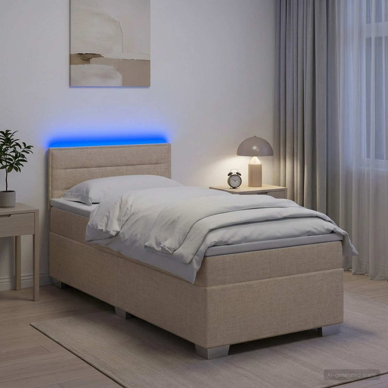 Pat box spring cu saltea și LED Crem 100 x 200 cm Țesătură