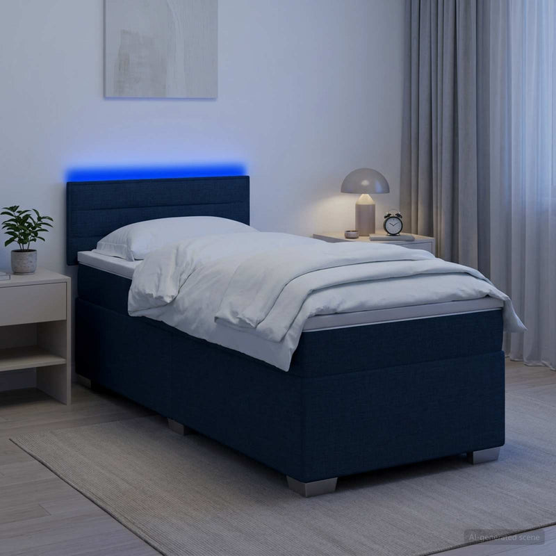Pat box spring cu saltea și LED albastru 100 x 200 cm Țesătură