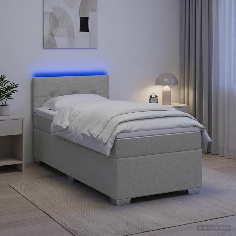 Pat box spring cu saltea și LED Gri deschis Unic Țesătură
