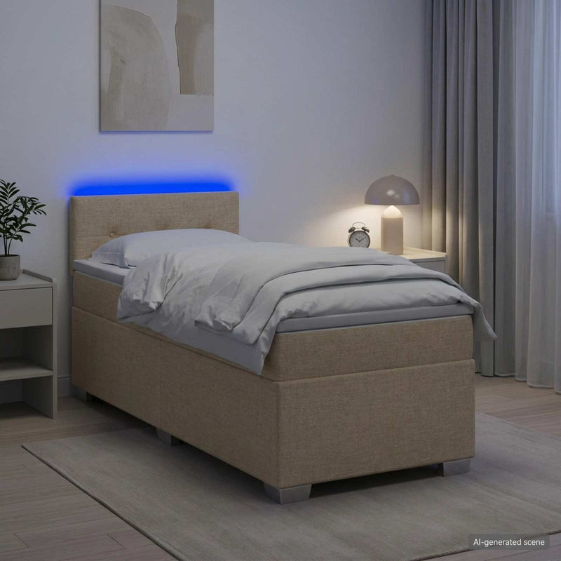 Pat box spring cu saltea și LED Crem 90 x 200 cm Țesătură