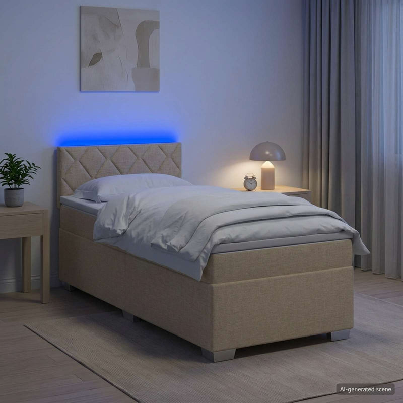 Pat box spring cu saltea și LED Crem 80 x 200 cm Țesătură
