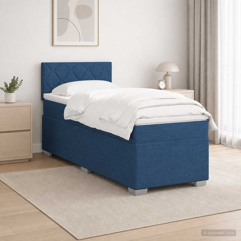 Pat box spring cu saltea și LED albastru 90 x 190 cm Țesătură