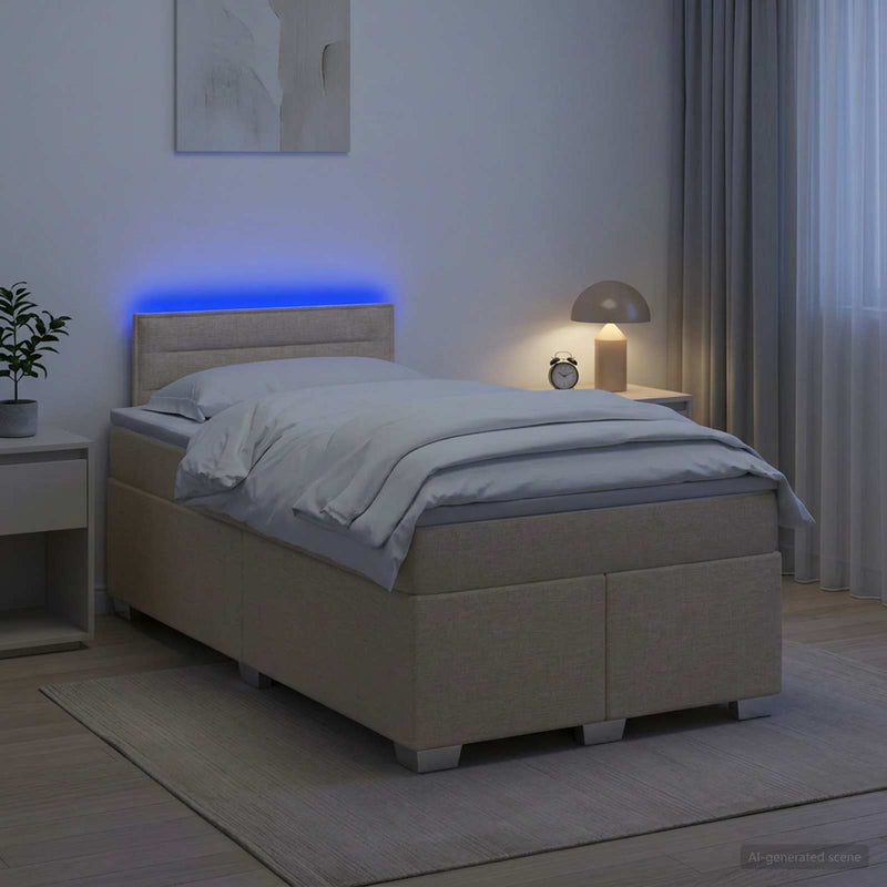 Pat box spring cu saltea și LED Crem 120 x 200 cm Țesătură