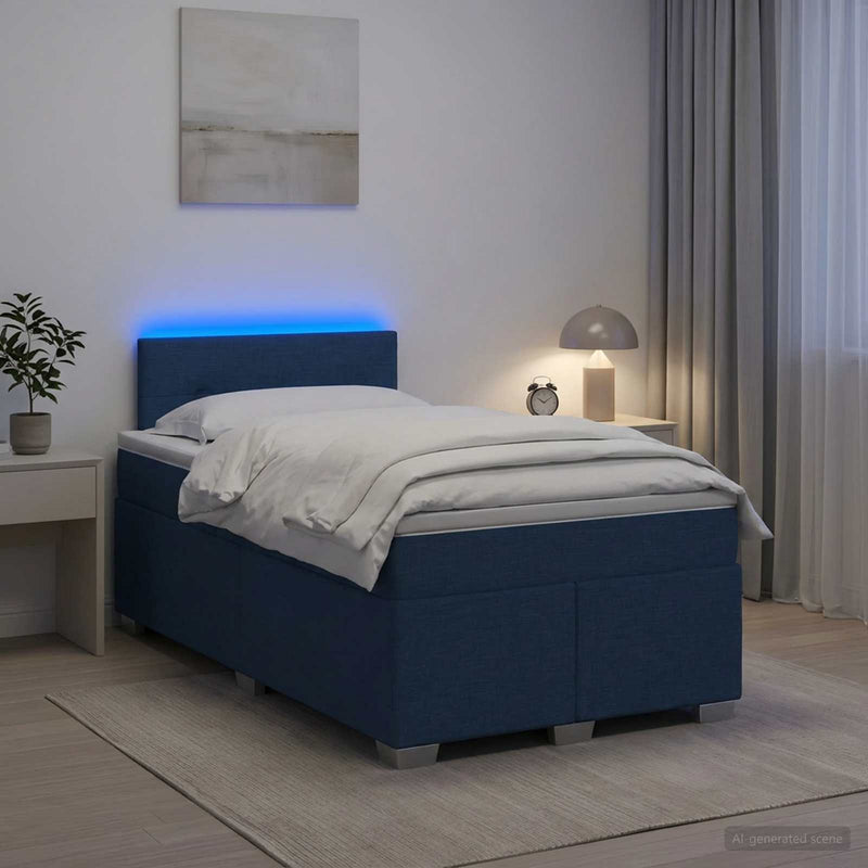 Pat box spring cu saltea și LED albastru 120 x 190 cm Țesătură