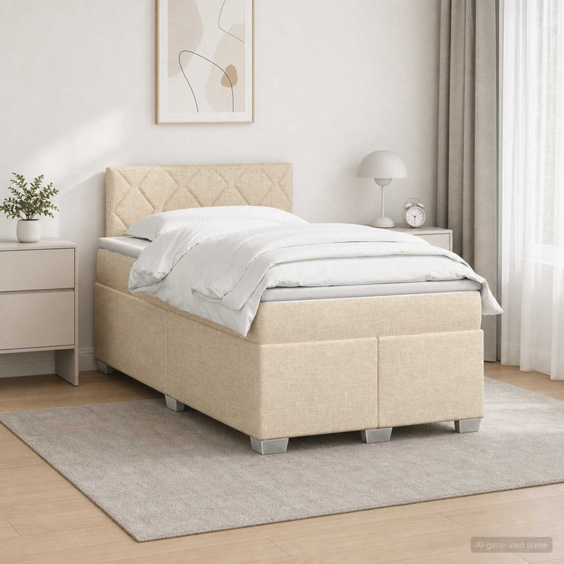 Pat box spring cu saltea și LED Crem 120 x 190 cm Țesătură