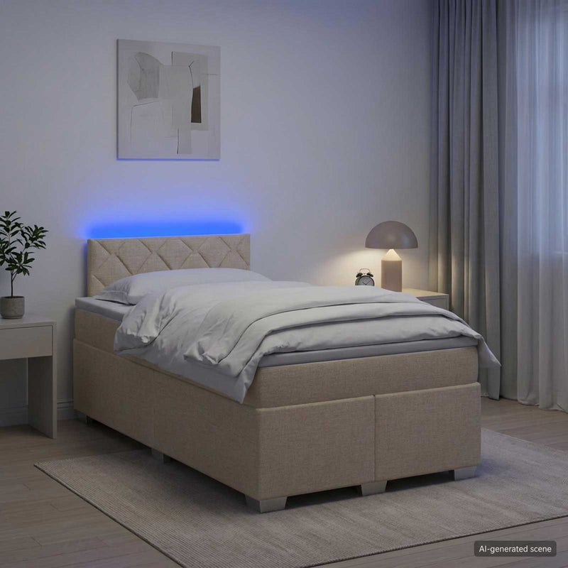 Pat box spring cu saltea și LED Crem 120 x 190 cm Țesătură