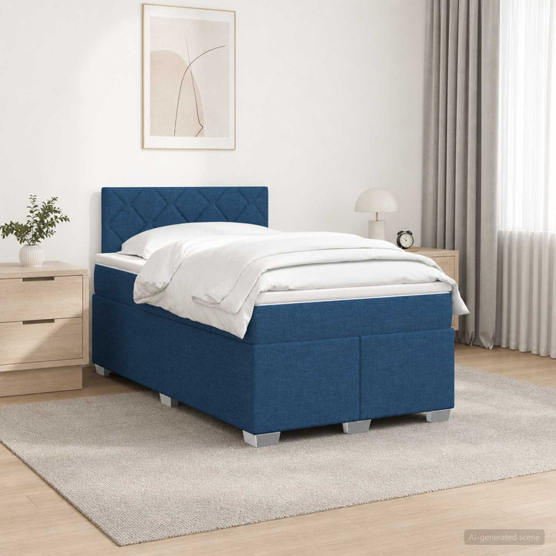 Pat box spring cu saltea și LED albastru 120 x 190 cm Țesătură