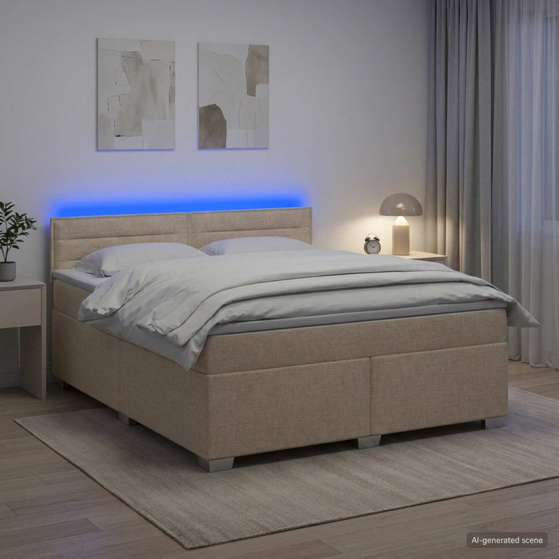 Pat box spring cu saltea și LED Crem 140 x 200 cm Țesătură