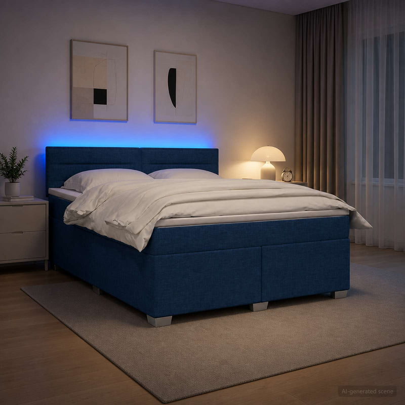 Pat box spring cu saltea și LED albastru 180 x 200 cm Țesătură