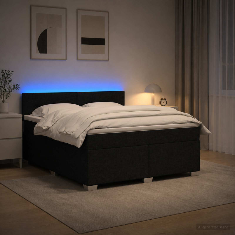 Pat box spring cu saltea și LED Negru 140 x 190 cm Țesătură