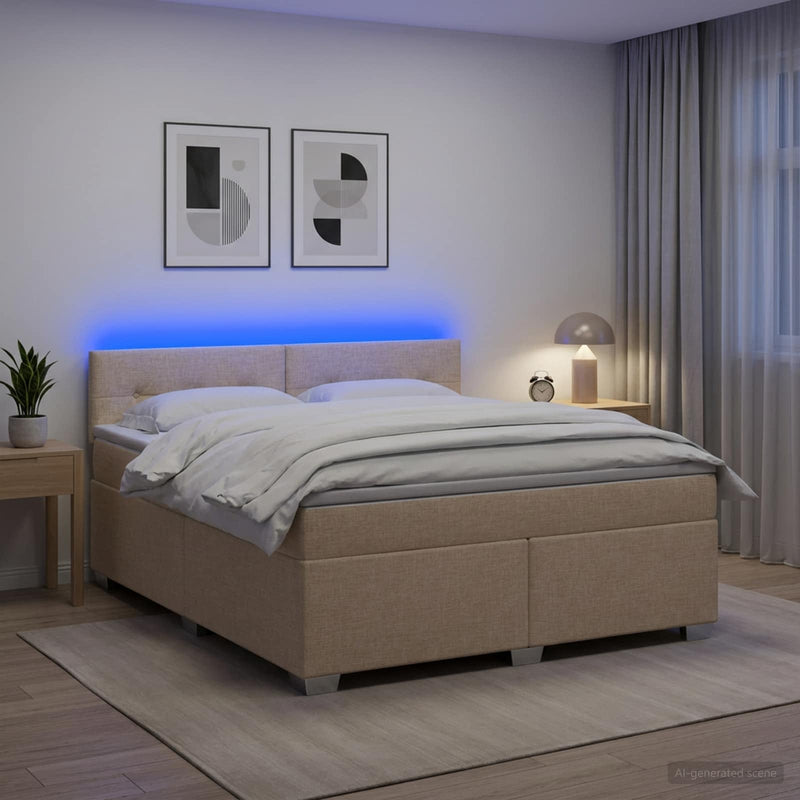 Pat box spring cu saltea și LED Crem 140 x 190 cm Țesătură