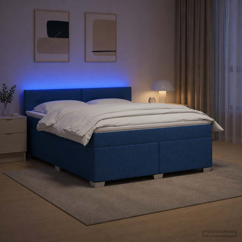 Pat box spring cu saltea și LED albastru 140 x 190 cm Țesătură