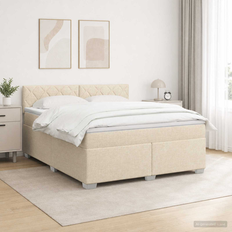 Pat box spring cu saltea și LED Crem 180 x 200 cm Țesătură