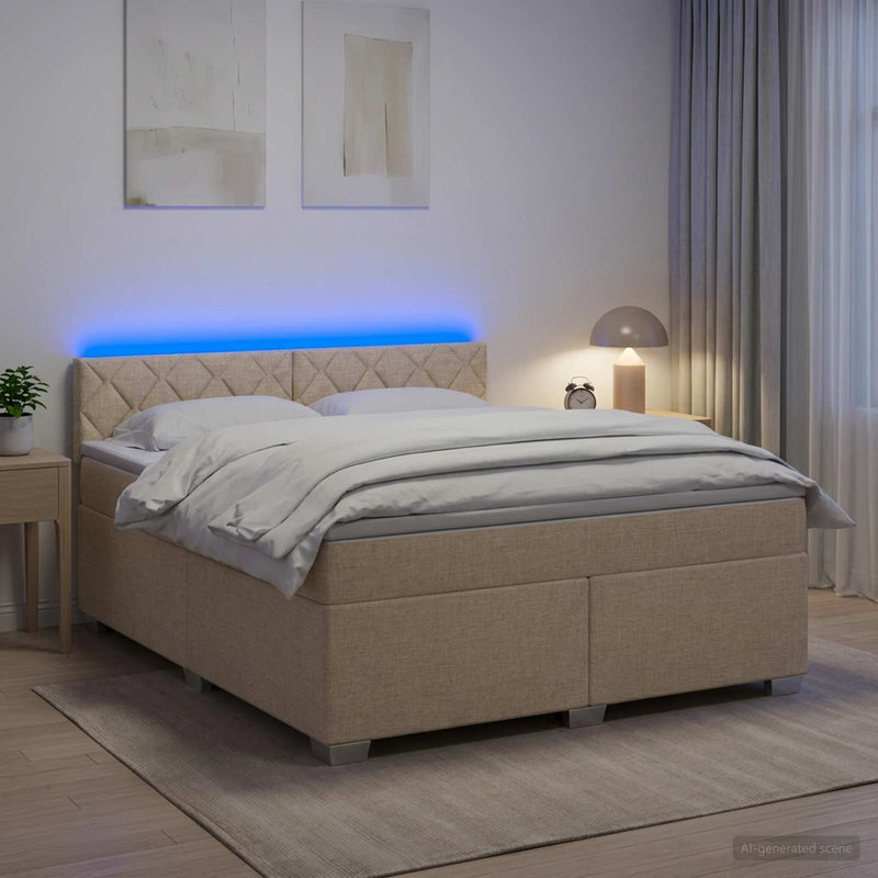 Pat box spring cu saltea și LED Crem 180 x 200 cm Țesătură