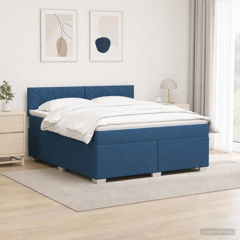 Pat box spring cu saltea și LED albastru 180 x 200 cm Țesătură