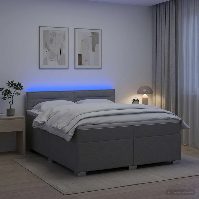 Pat box spring cu saltea și LED Gri deschis 200 x 200 cm