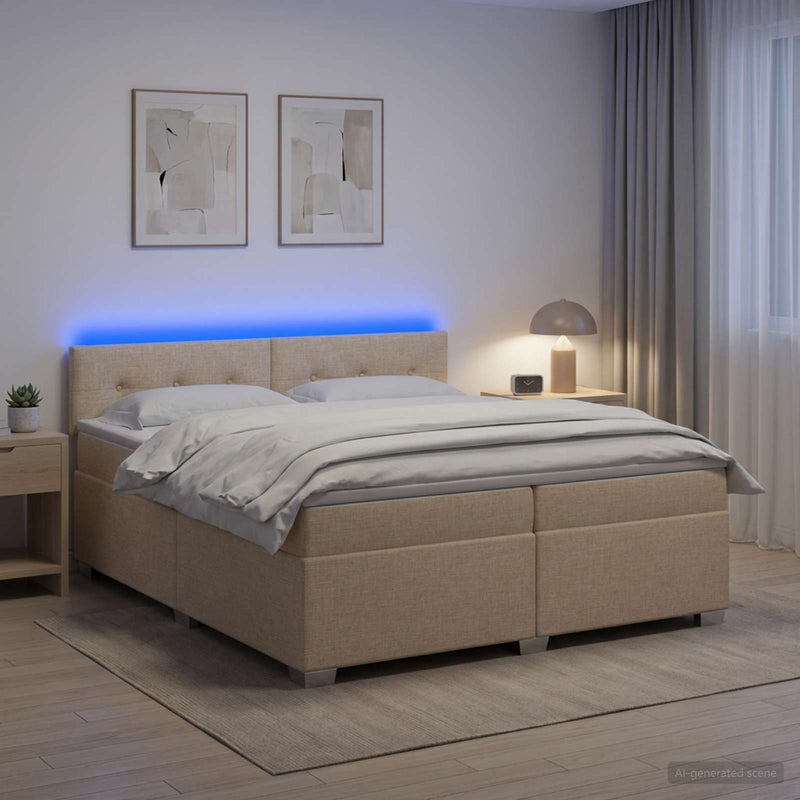 Pat box spring cu saltea și LED Crem 200 x 200 cm Țesătură