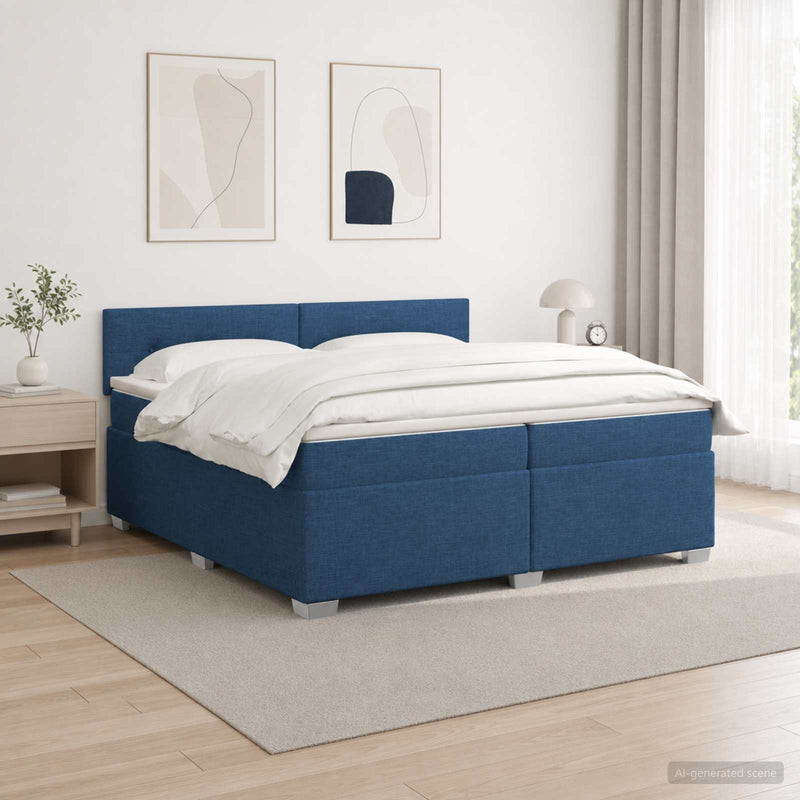 Pat box spring cu saltea și LED albastru 200 x 200 cm Țesătură
