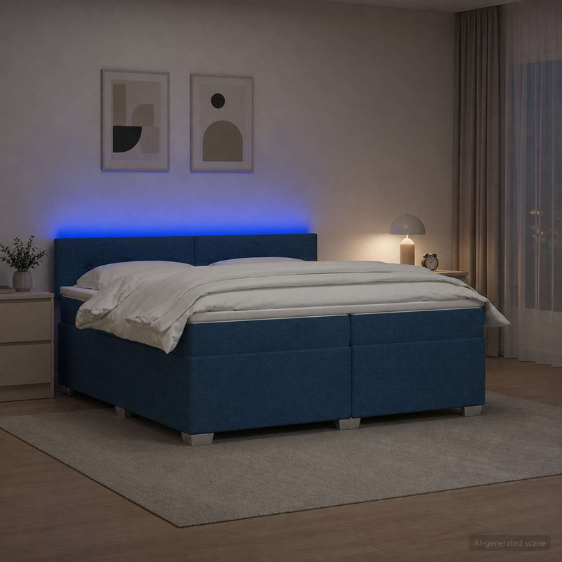 Pat box spring cu saltea și LED albastru 200 x 200 cm Țesătură