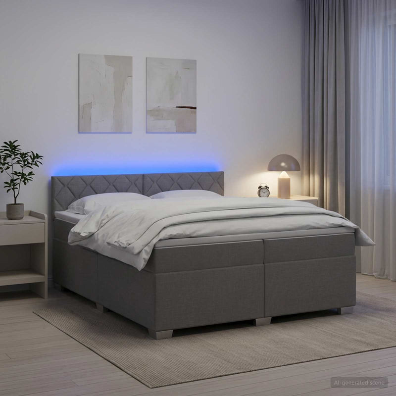 Pat box spring cu saltea și LED Gri deschis 200 x 200 cm