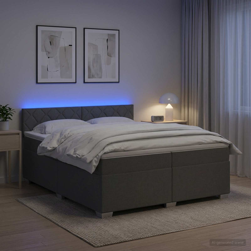 Pat box spring cu saltea și LED Gri închis 200 x 200 cm