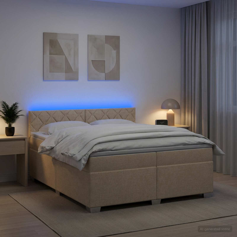 Pat box spring cu saltea și LED Crem 200 x 200 cm Țesătură