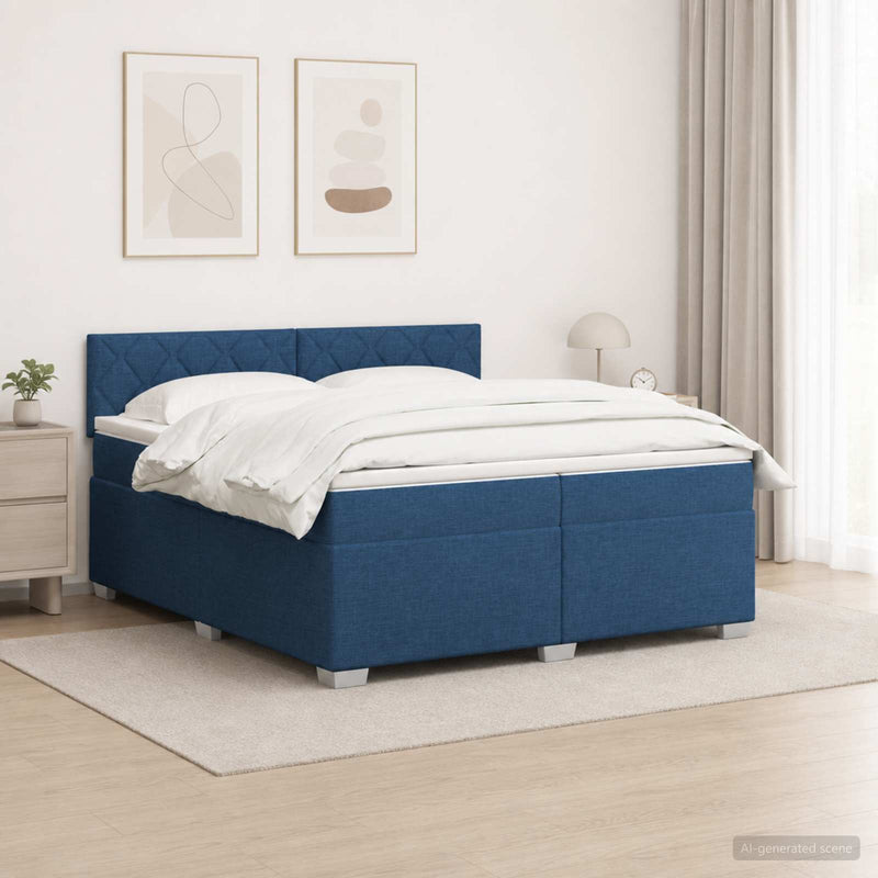 Pat box spring cu saltea și LED albastru 200 x 200 cm Țesătură