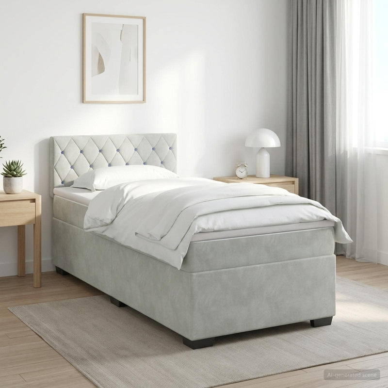 Pat box spring cu saltea și LED Gri deschis Unic Catifea