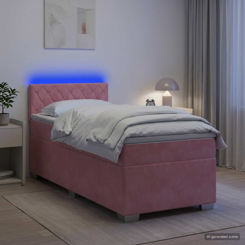 Pat box spring cu saltea și LED Roz 80 x 200 cm Catifea