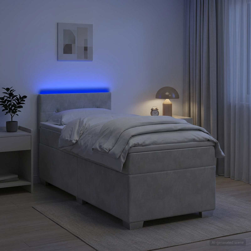Pat box spring cu saltea și LED Gri deschis 90 x 190 cm Catifea