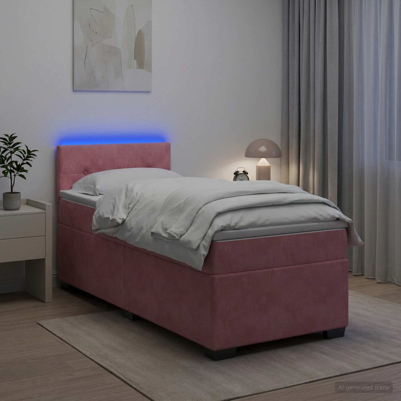 Pat box spring cu saltea și LED Roz 100 x 200 cm Catifea
